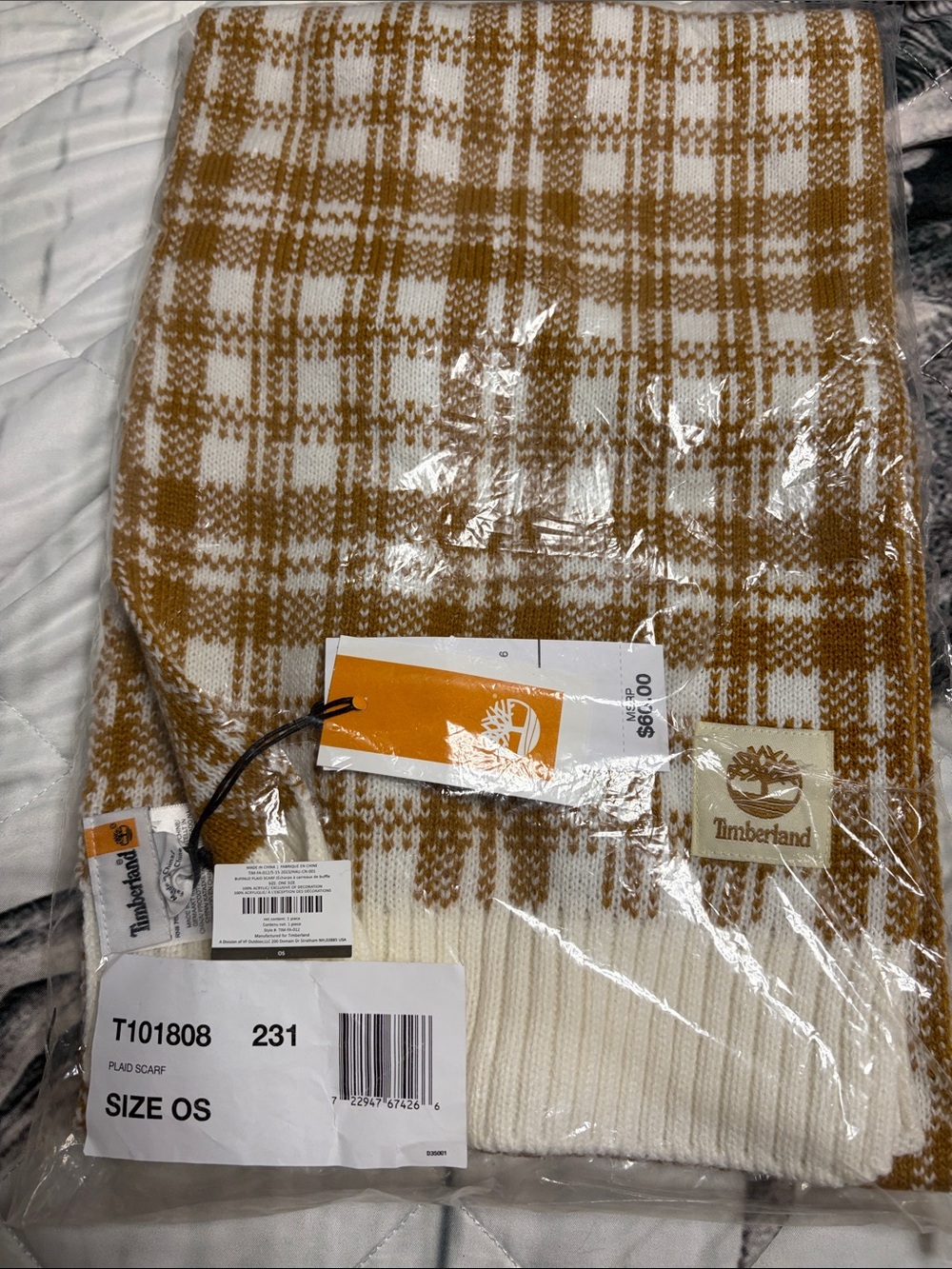 Timberland Mustard and Cream Plaid Knit Scarf